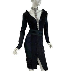 Gucci by Tom Ford F/W 2004 AD Runway Silk Black Plisse Cocktail Belted Dress 40